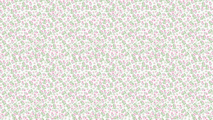 A delicate floral pattern with tiny pink flowers and green leaves on a white background repeated design