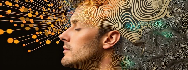 Abstract Man Profile with Multicolored Data Stream Patterns