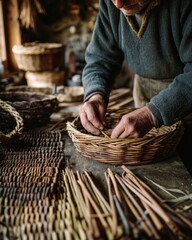 Elderly Craftsman Weaving Willow Basket