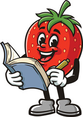 Strawberry character cartoon holding a book