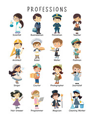 Professions Educational Poster for Kids. Colorful professions chart for kids featuring cute cartoon characters like doctor, teacher, waiter, and more. Great for classrooms or learning tools