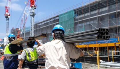 資材を担いで運ぶ建設作業員