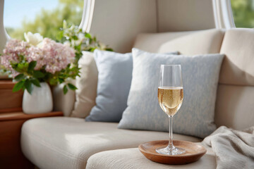 Glass of champagne resting on cozy sofa with flowers in modern living room