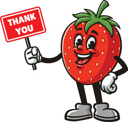 Strawberry character cartoon holding a thank you sign