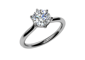 Elegant solitaire diamond engagement ring in platinum isolated on transparent background