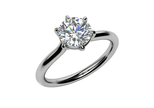 Elegant solitaire diamond engagement ring in platinum isolated on transparent background