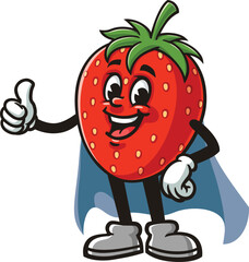 Strawberry character cartoon in caped superhero style