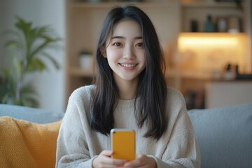 Asian young influencer talking to the camera, reviewing new products and filming video with a mobile phone at home., Generative AI