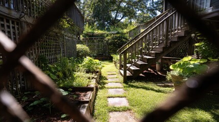 Low-angle perspective through fence showing lawn path and small herb garden near wooden stairs