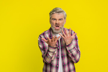 Upset frustrated annoyed Caucasian middle-aged man raising hands in indignant expression,...