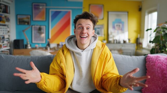 Male YouTuber gesturing while speaking into camera, bright living room setup.