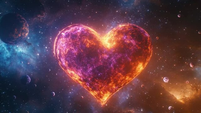 A vibrant cosmic heart illuminated against a backdrop of colorful galaxies and stars