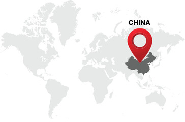 World map on white background. World map with country china highlighted with location symbol. Vector illustration of map and pin location of china country.