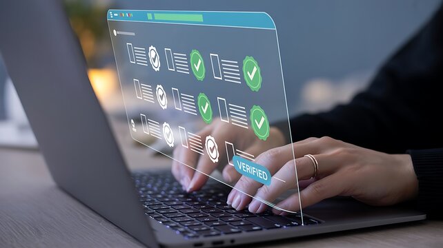 Person's hands typing on laptop with verified digital interface