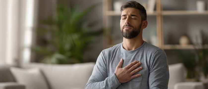 A guy closes his eyes and rests his hand on his chest while engaging in deep breathing exercises to reduce tension and ground his emotions.