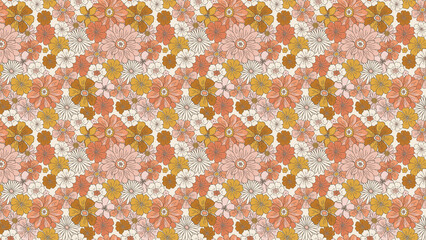 A seamless pattern of various flowers in shades of orange, pink, yellow and white on a light background