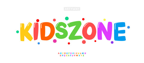 Colorful playful alphabet, joyful modern letter set, vibrant carnival font for funny kid zone banner, birthday headline, cheerful typography, educational typographic design. Vector typeset.