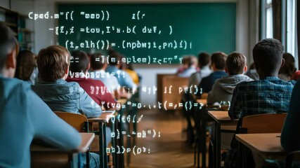 The video blurred background shows a classroom with a modern digital code overlay creates a visual metaphor for the integration of technology and computer science into education. - Powered by Adobe