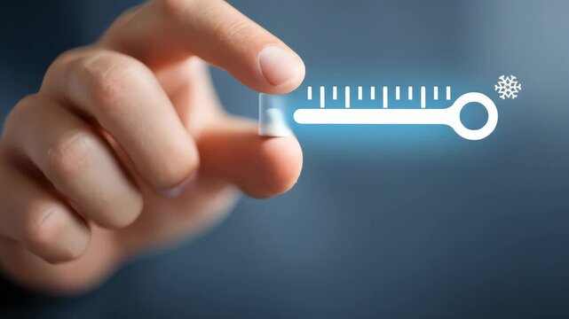 The video blurred background shows a human hand pinches a glowing white graphic overlay with a thermometer and a snowflake emblem, implying cold or temperature regulation. 