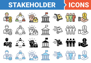 Stakeholder relationship icon set with multiple style collection.