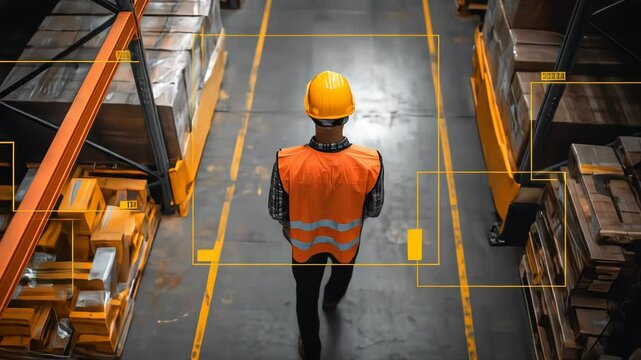 The video blurred background shows a person walking through a warehouse aisle. A digital interface, data, a tracking system, a theme of logistics, safety monitoring and smart warehousing. - Powered by Adobe