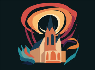 Dynamic vector illustration featuring a church surrounded by colorful musical notes and vibrant sound waves, representing joy, praise, and musical celebration. Ideal fddfgffgfgs