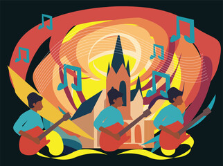 Dynamic vector illustration featuring a church surrounded by colorful musical notes and vibrant sound waves, representing joy, praise, and musical celebration. Ideal for gospel concert sdsdsdsd