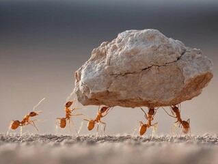 Ants working together to lift a large rock on a sandy surface during daylight