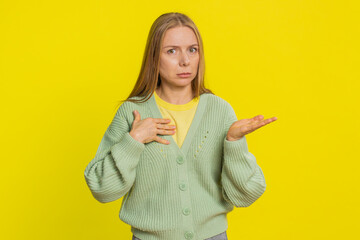I am not guilty. Caucasian middle-aged woman pointing fingers herself ask say who me no thanks i do...