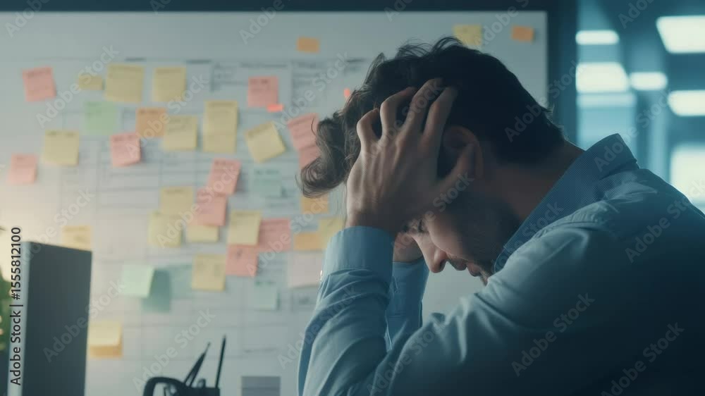 Poster Exhausted project manager holding his head in hands. Sitting at desk in office after overworking late at night. Suffering from headache and deadline problems. Sticky notes on whiteboard in background