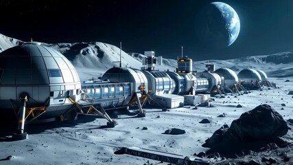 Futuristic lunar base with interconnected modules on the surface of the moon under the earth view and stars. Exploration outpost in space. - Powered by Adobe