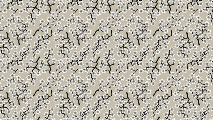Seamless pattern featuring stylized white flowers on dark branches against a light gray background