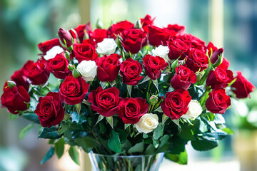 Obraz premium Large Bouquet Red and White Roses Glass Vase red roses