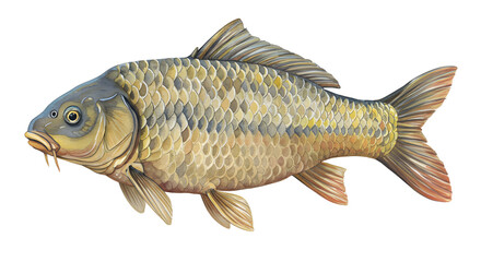 Detailed Illustration of a Common Carp Fish watercolor png, transparent isolated nackground