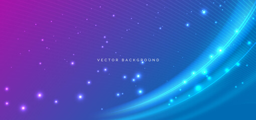 Abstract blue curve light ray with lighting effect sparkle on dark blue and pingk background.