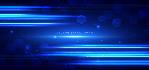 Futuristic technology hexagon blue with lighting effect sparkle on dark blue background.