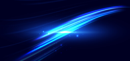 Hi-speed blue neon wave beams rays on dark blue background. Speed motion moving concept.