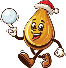 Cartoon oil drop character playing snowball and wearing christmas hat