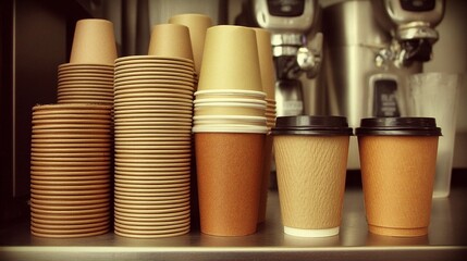 Coffee cups and containers arranged neatly in a cafe setting near coffee machines