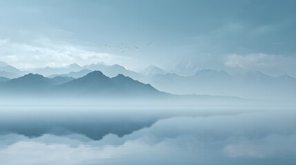 Breathtaking Mountain Landscape with Morning Mist and Cloud Filled Sky