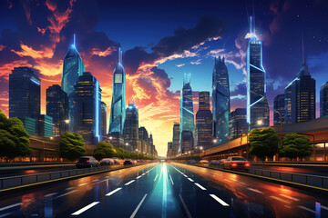 Fototapeta premium Fantastic Empty asphalt road leading to the city skyline with yellow lines on both sides