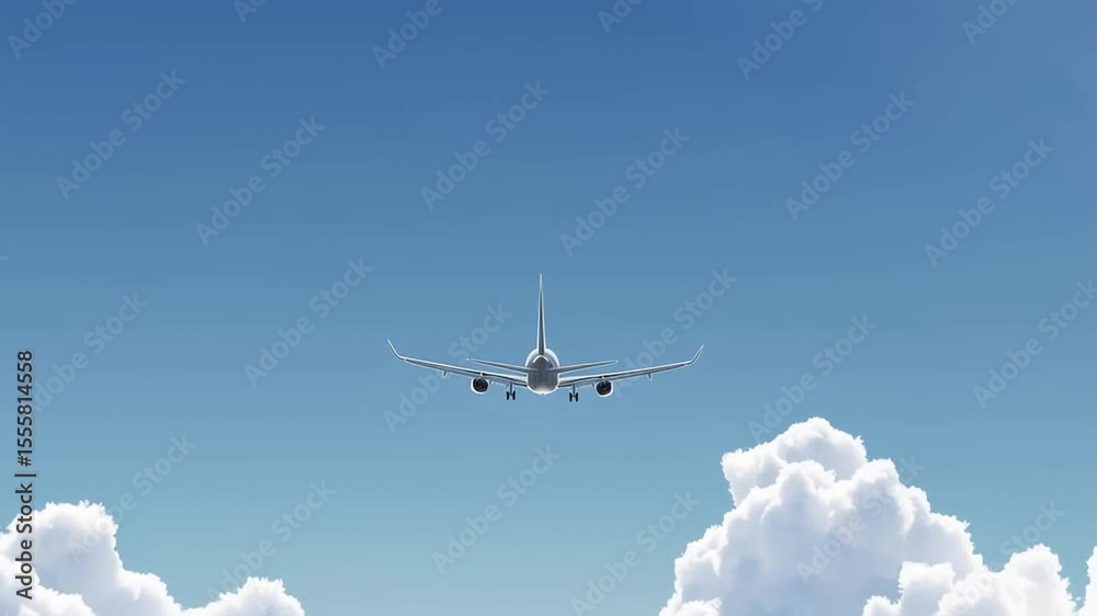 Poster white passenger airplane flying on a clear blue sky with few cumulus clouds underneath, seen from be