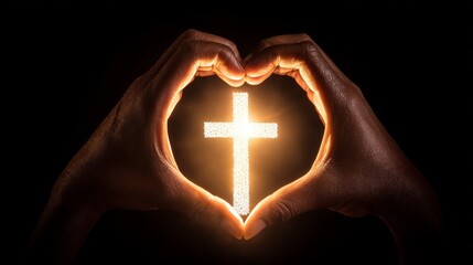 A glowing cross is centered within a heart shape formed by a silhouette of hands