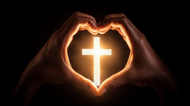 A glowing cross is centered within a heart shape formed by a silhouette of hands
