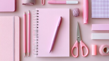Flat lay of pink themed school supplies, spiral notebook, pen, highlighters, scissors, soft textures and shadows, back to school vibes