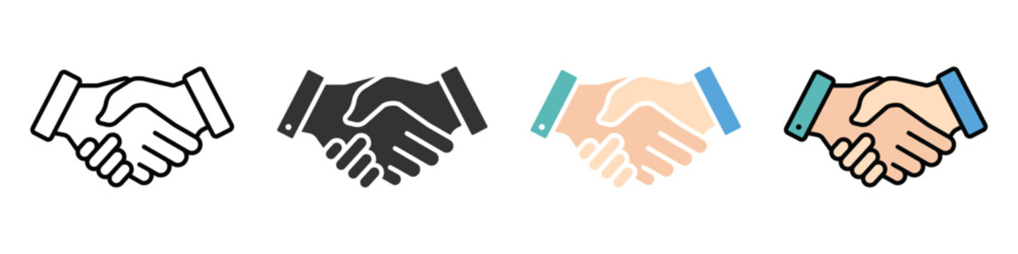 Handshake icons. Business agreement, friendly handshake icon in different style. Partnership deal symbol for apps, ui, website, design element. Transparent vector illustration.