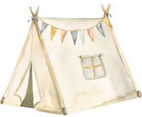Watercolor illustration of a toy tent with pennant banner on transparent background. © beyouenked