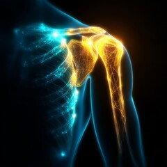 The skeleton, which is blue and yellow in color, features a yellow bone in its shoulder