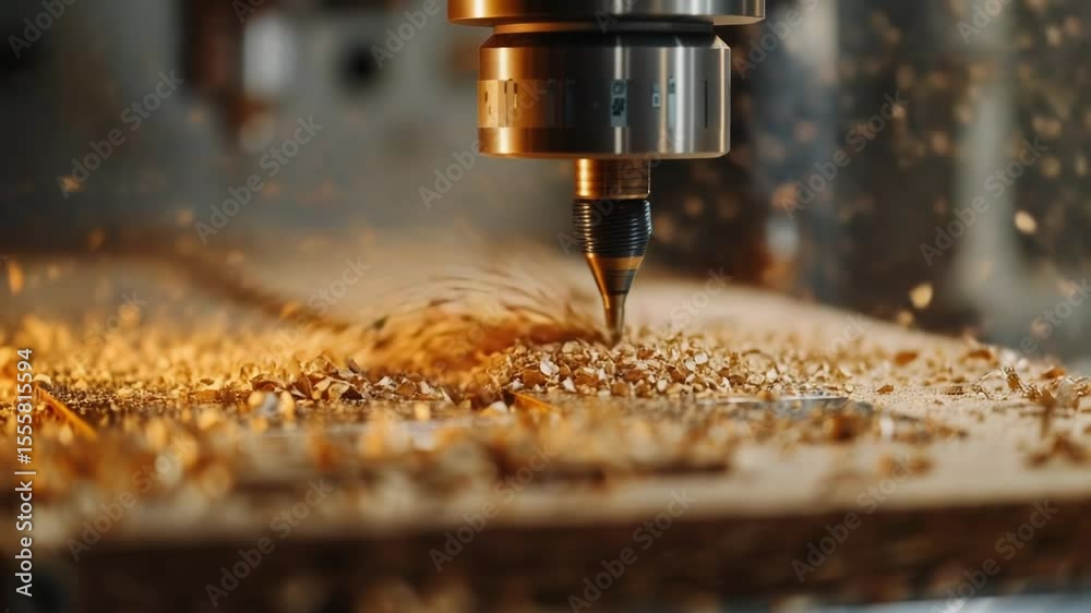 Aufkleber a machine cutting a piece of wood in a workshop setting