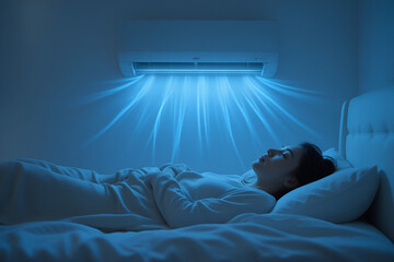  Woman Sleeping Peacefully Under Air Conditioner at Night with Cool Blue Lighting in Bedroom